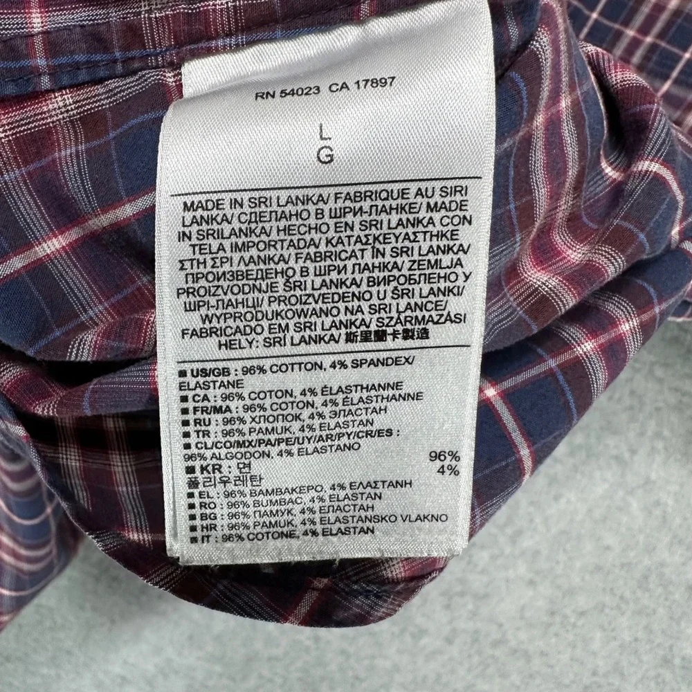 Banana Republic Mens Slim Fit Western Plaid Snap Front Shirt Navy Burgundy Large